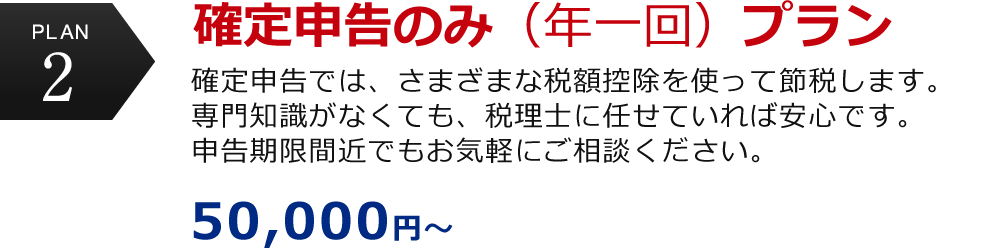 plan1 確定申告のみ（年一回）プラン　確定申告では、さまざまな税額控除を使って節税します。専門知識がなくても、税理士に任せていれば安心です。申告期限間近でもお気軽にご相談ください。
